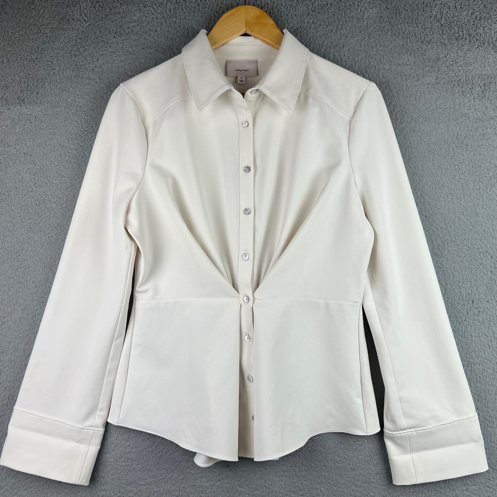 Cinq a Sept Ivory Gathered Waist Button Down Shirt Size Medium White Long Sleeve